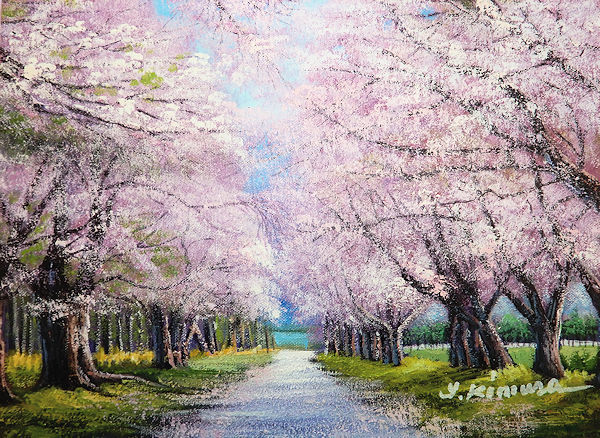 木村由記夫『二十間道路の桜（F4号）』油彩画 真作 油絵 並木 北海道遺産 観光名所 春 ホテル 旅館 病院 クリニック 待合室 応接間 B6076_画像2