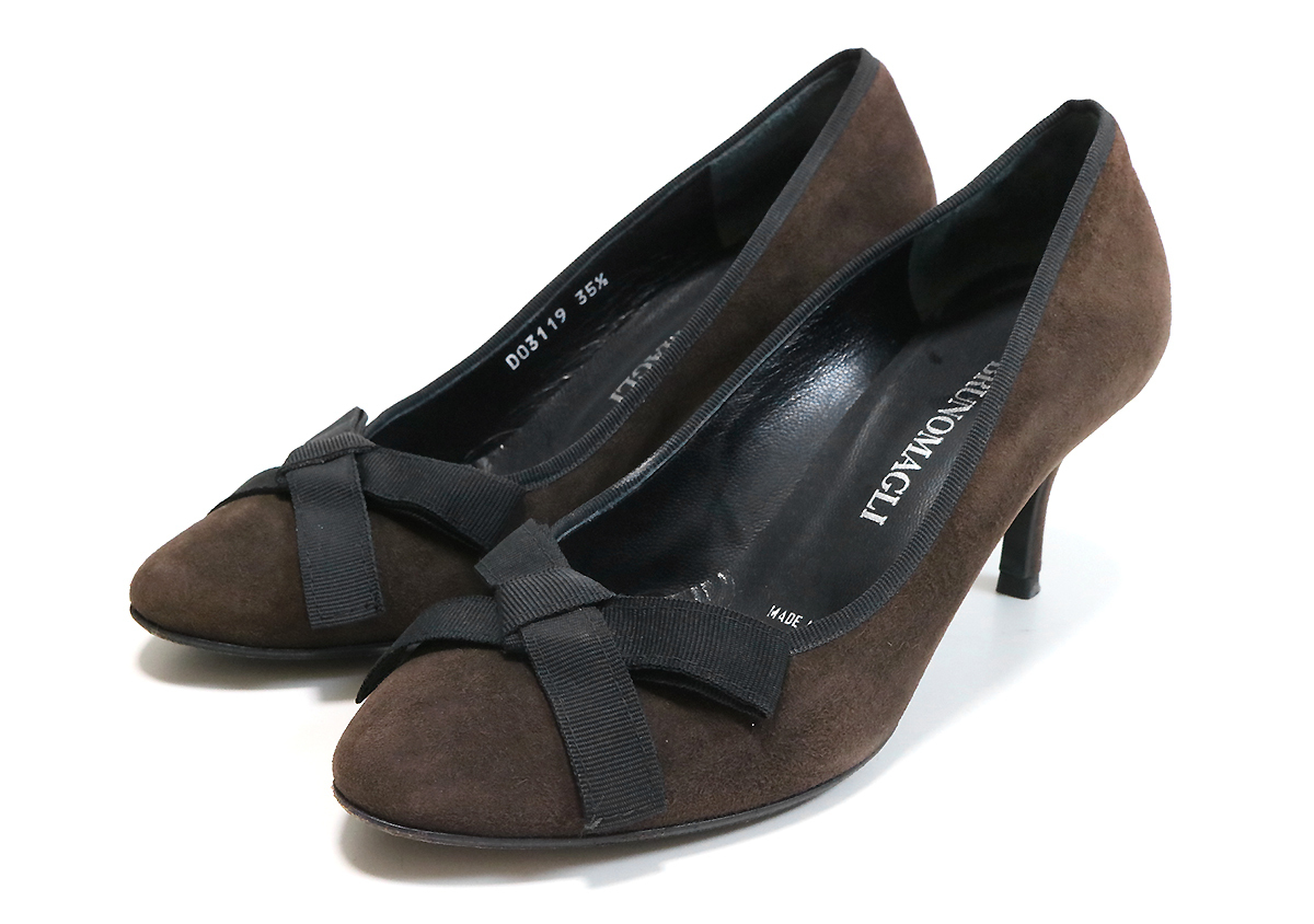 BRUNO MAGLI * suede leather pumps Brown ( size 35.5) ribbon round tu heel shoes shoes Italy made Bruno Magli *Z-2