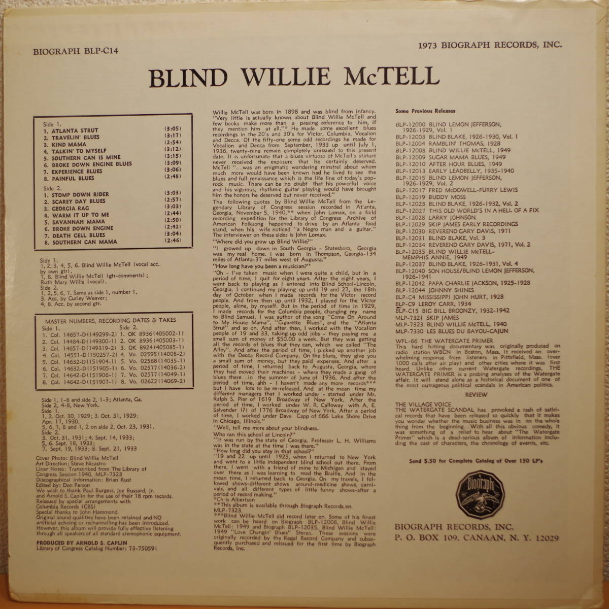 【'73 Original MONO】BLIND WILLIE McTELL - DEATH CALL BLUES_画像2
