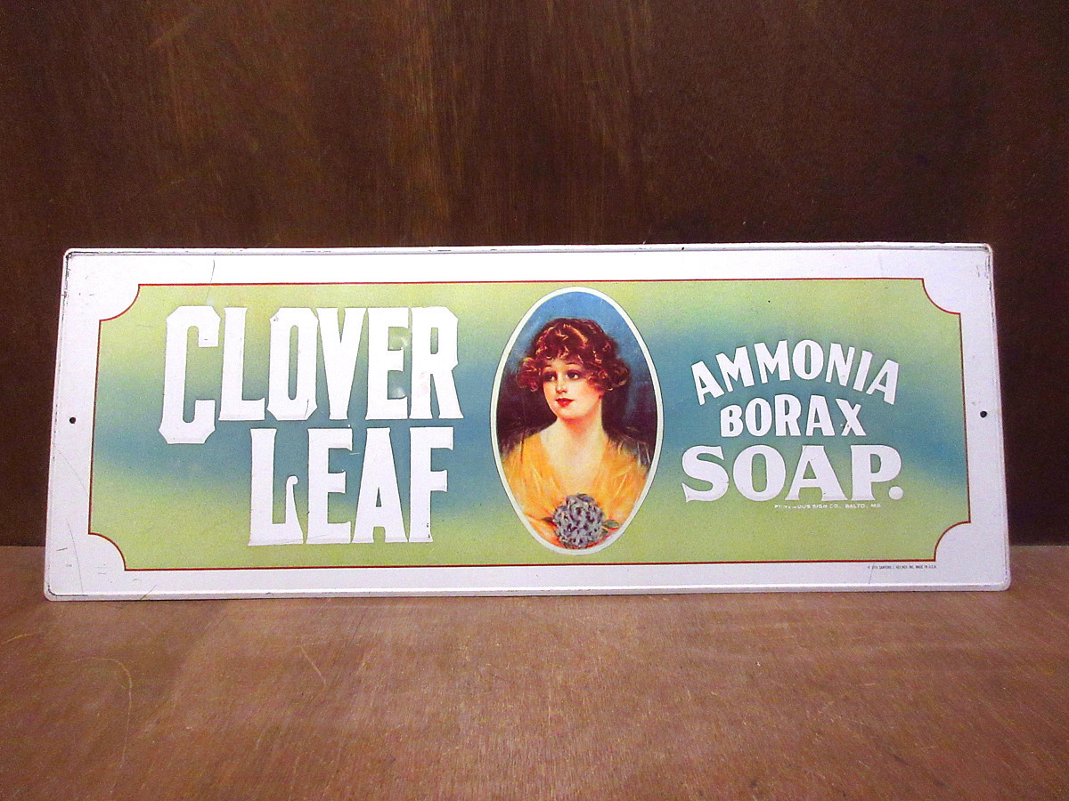 ビンテージ70's●CLOVER LEAF AMMONIA BORAX SOAPアドバタイシングティンサイン●220216k3-sign 1970sインテリアUSA_画像1