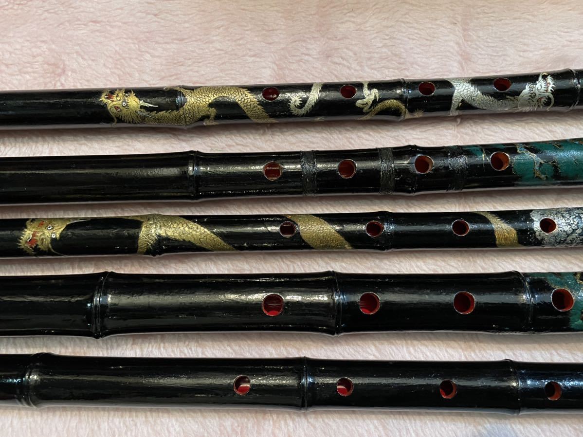 黒い尺八5本龍馬松竹梅波縁起物竹製和楽器柄有り絵入り木製楽器商品