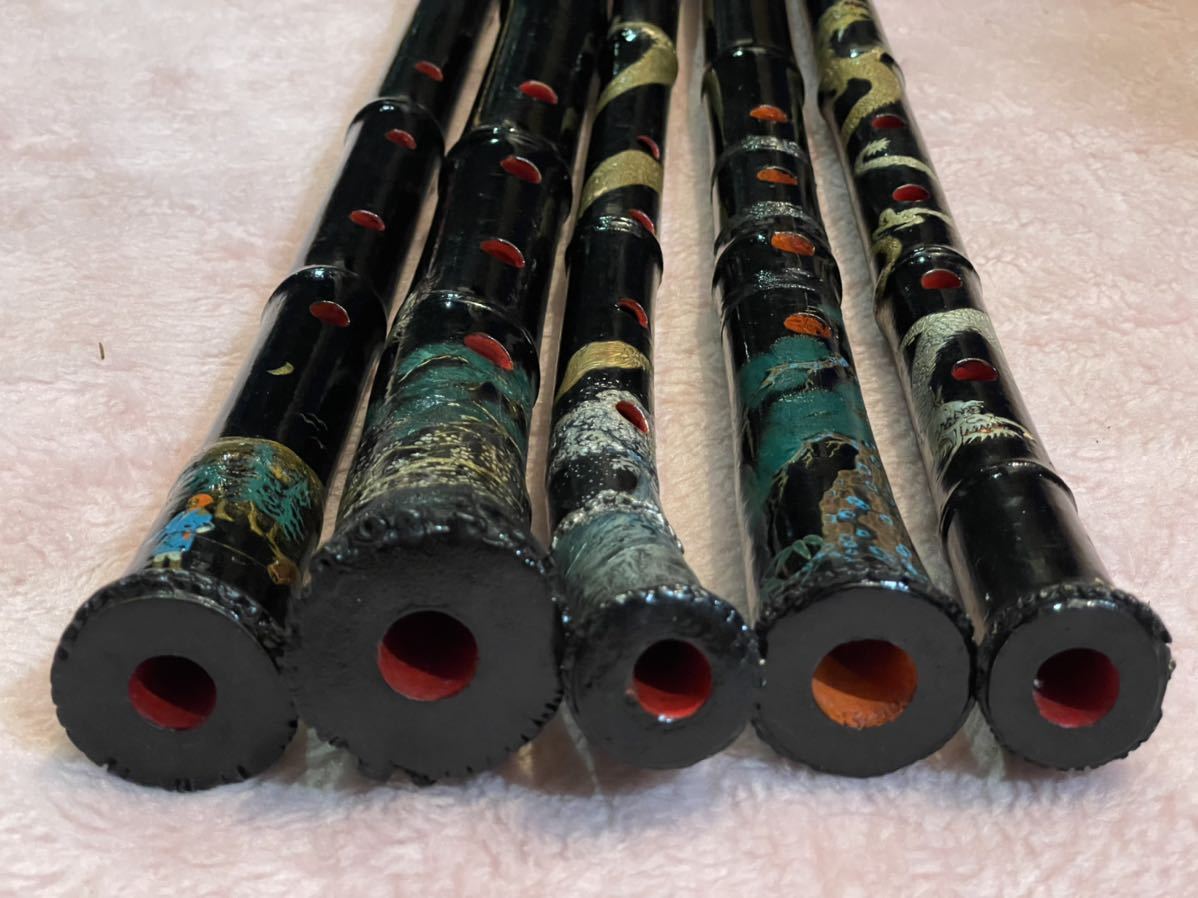黒い尺八5本龍馬松竹梅波縁起物竹製和楽器柄有り絵入り木製楽器商品