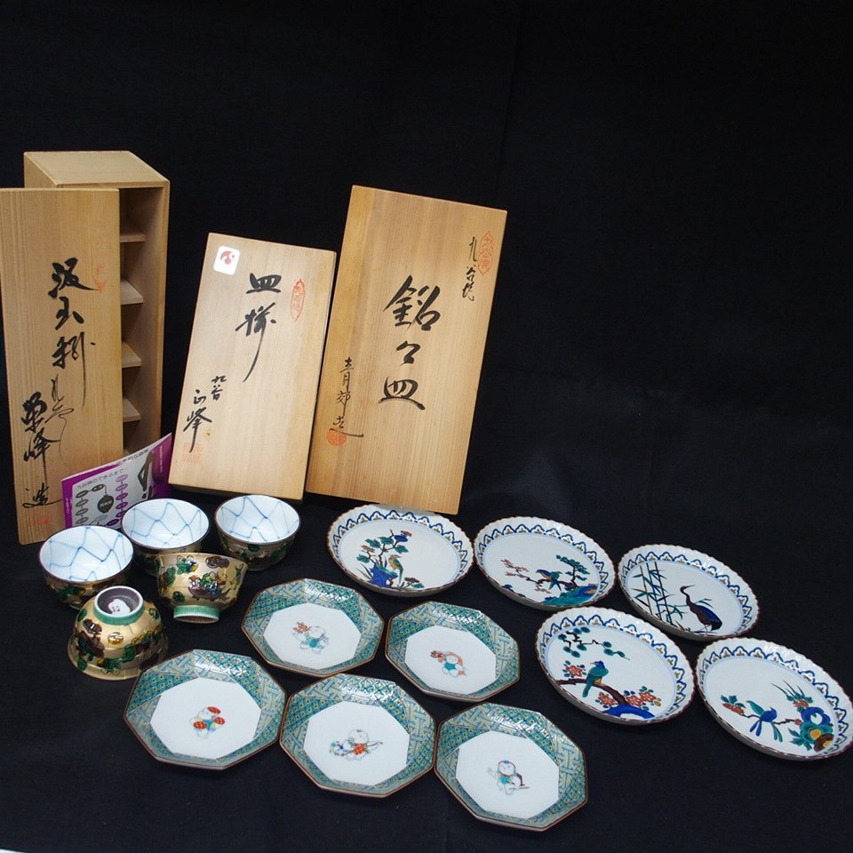 m001 初出 未使用 九谷焼 3点 木米柄 汲出揃 5客 青郊造 銘々皿揃 人物