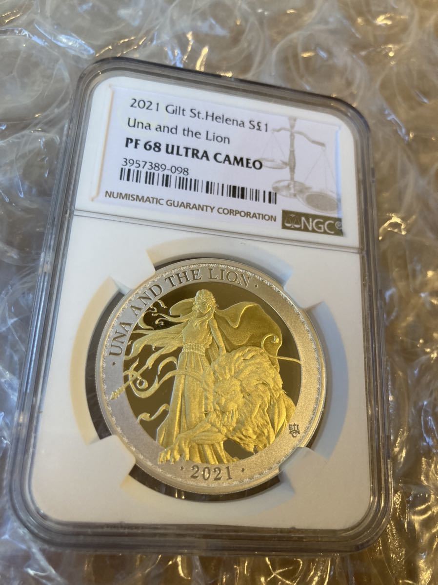 コイン 2021 ウナライオン £1 ゴールドプレート銀貨 NGC PF70UC②