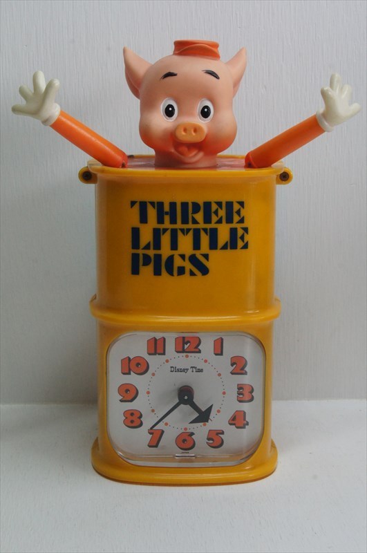 クーポン Seiko ディズニータイム 三匹の子ぶた びっくり箱 ゼンマイ式 置き時計 アラーム付き 1960年代 当時物 目覚まし時計 雑貨 プレゼントに 住まい インテリア 家具 インテリア Roe Solca Ec