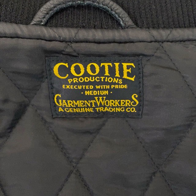 即決★COOTIE★メンズM 袖革スタジャン クーティー 黒 ブラック レザー切替 本革 牛革 ウール 日本製 ジャケット ボタン_画像9