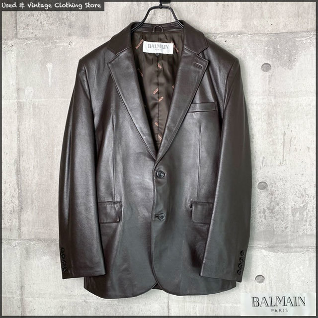 即決☆BALMAIN☆メンズM レザーテーラードジャケット バルマン 茶系