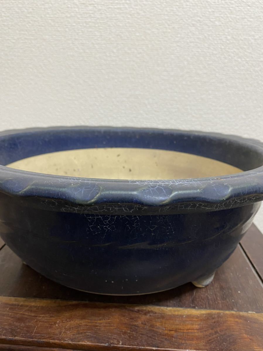 夜空 盆栽鉢 丸鉢 生子 青 瑠璃 釉 三つ足 鉢 植木鉢 2点セット | www
