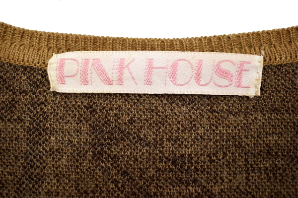 Y-3267*PINK HOUSE Pink House * женский женщина осень-зима шерсть Brown чай цвет перо рисунок V шея вязаный свитер с длинным рукавом M соответствует 