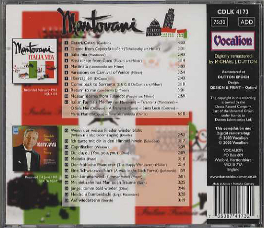 マントヴァーニ/我がイタリア◆Mantovani And His Orchestra / Italia Mia / Verzauberter Klang aus Germany(輸入CD)_画像2