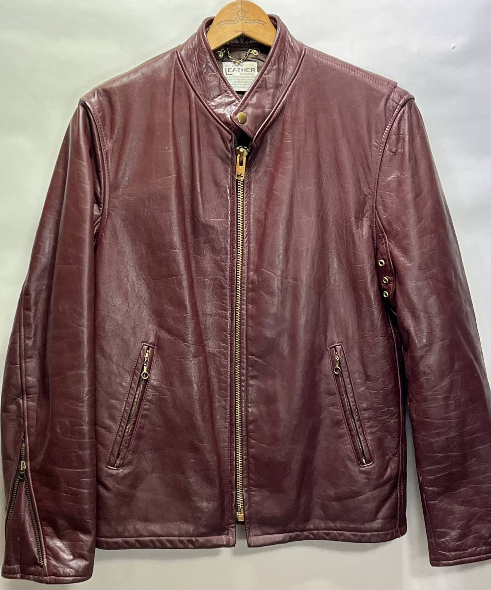 LEATHER GARMENT シングルライダース ジャケット◆L相当◆エンジ色◆ビンテージ◆USA製◆1970s◆レザー◆USA購入_画像1