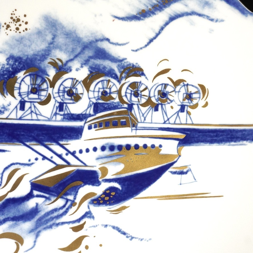 MEISSEN　マイセン　ドイツ製　 イヤープレート　2002年　飛行艇ドルニエドックス　 染付　金彩　直径27㎝　飾り皿　極上状態品　THT_画像8