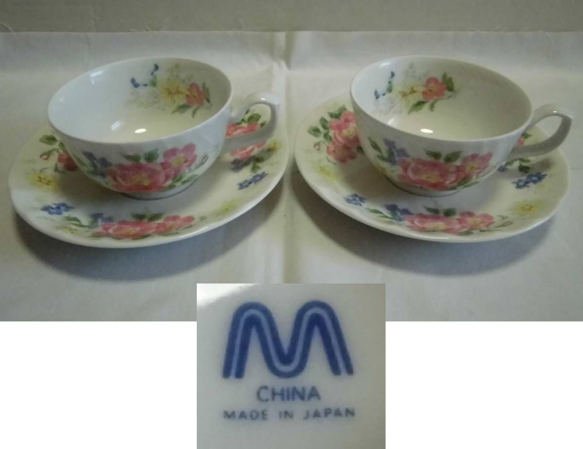 カップ&ソーサー M CHINA 2客 花柄 色絵 ティーカップ コーヒーカップ 工芸品 茶器 陶器 レトロ アンティーク