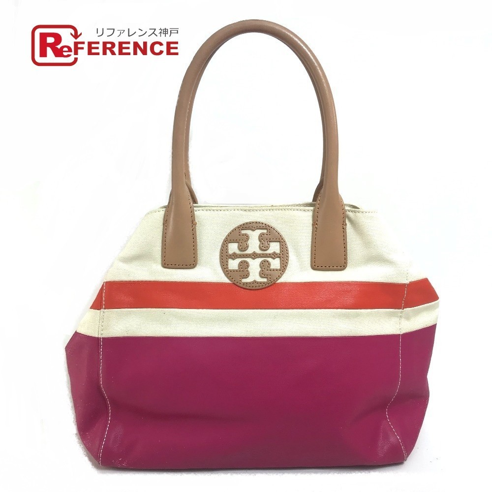 Tory Burch トリーバーチ 21129791 ロゴマーク ミニビーチ トートバッグ キャンバス/レザー ピンク_画像1