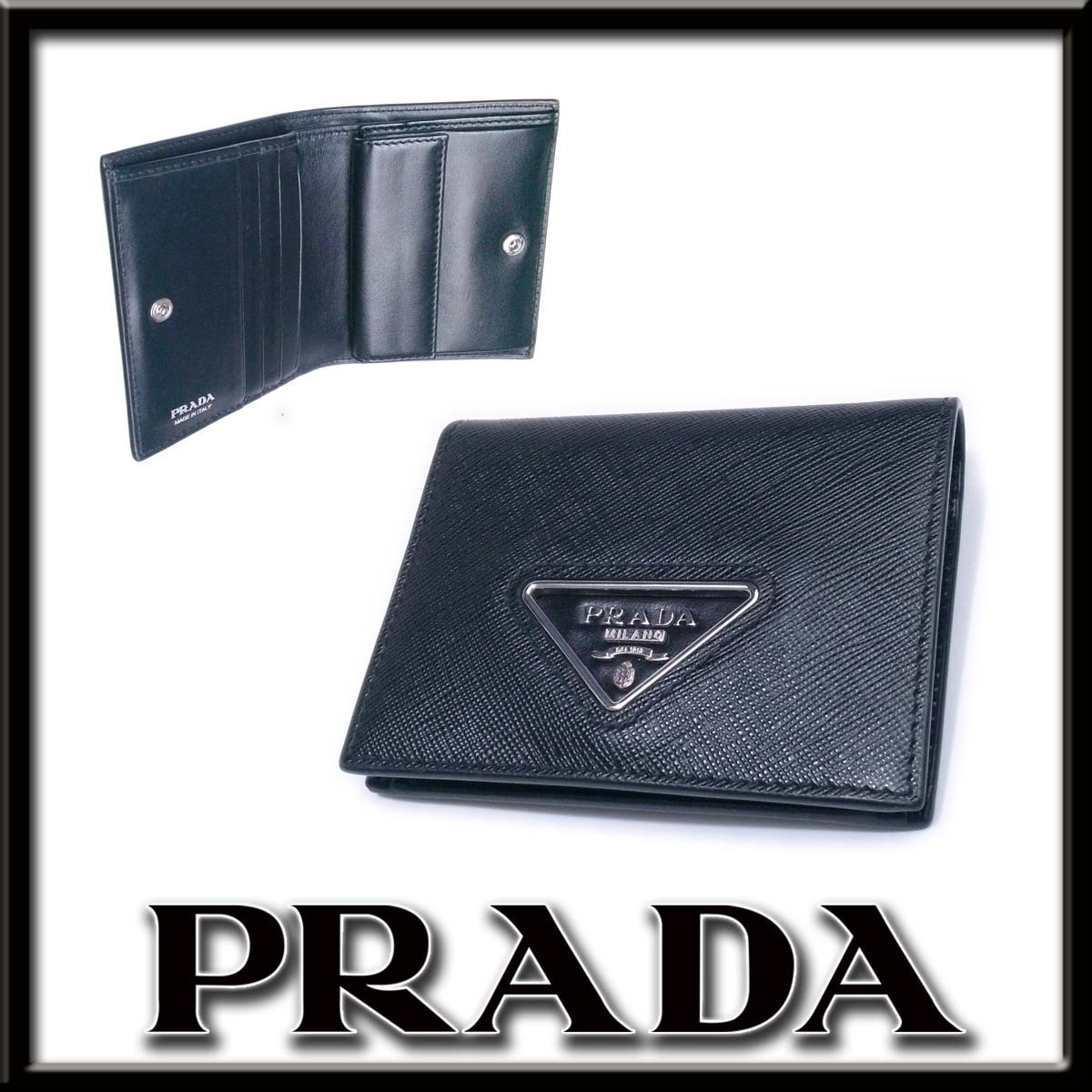 満点の 【美品】プラダ サフィアーノ 二つ折り PRADAコンパクト財布 黒