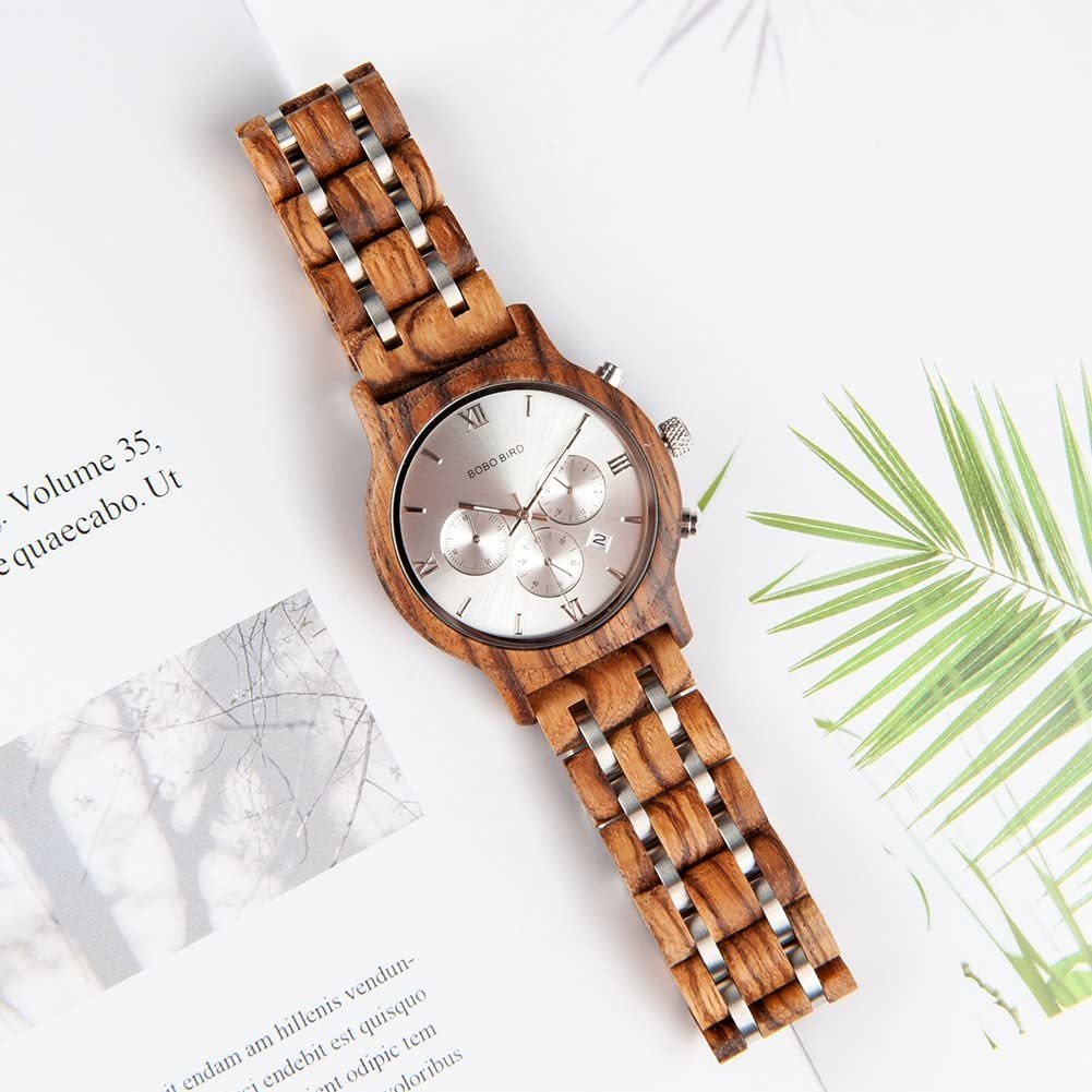 温かみのある 木製腕時計 ブラウン 日本製クオーツ 日付表示 メンズ 天然木 ウッド ウォッチ カジュアル オシャレ 男性 腕時計 プレゼント