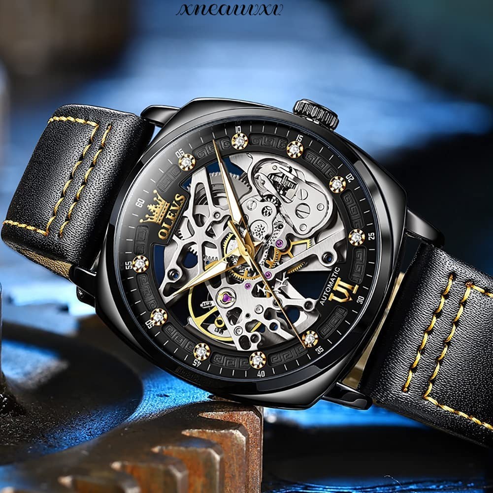 高品質の スケルトン 腕時計 自動巻き 革ベルト ブラック/ゴールド 機械式 メンズ カジュアル 防水 アンティーク オシャレ ウォッチ 男性