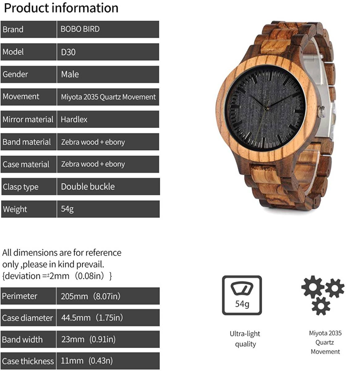 モダンな 木製腕時計 日本製 クオーツ ゼブラウッド 軽量 メンズ ビジネス オシャレ 木製 ウォッチ カジュアル ウッド 男性 腕時計_画像6