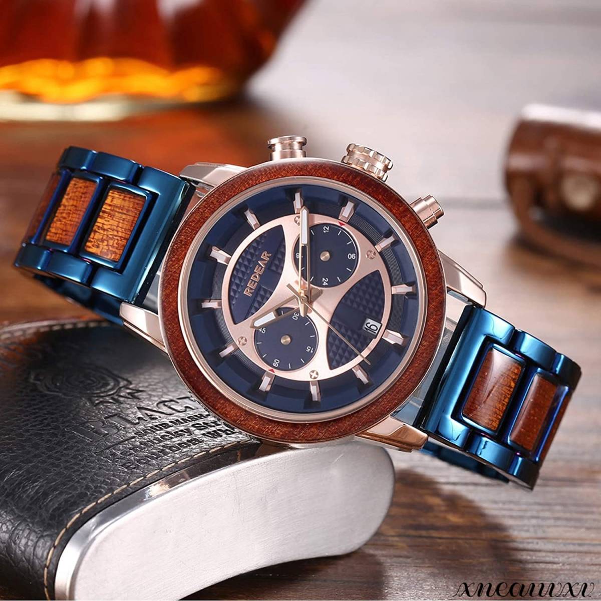 オシャレな 木製腕時計 ブルー 日本製 クオーツ 高品質 メンズ 天然木