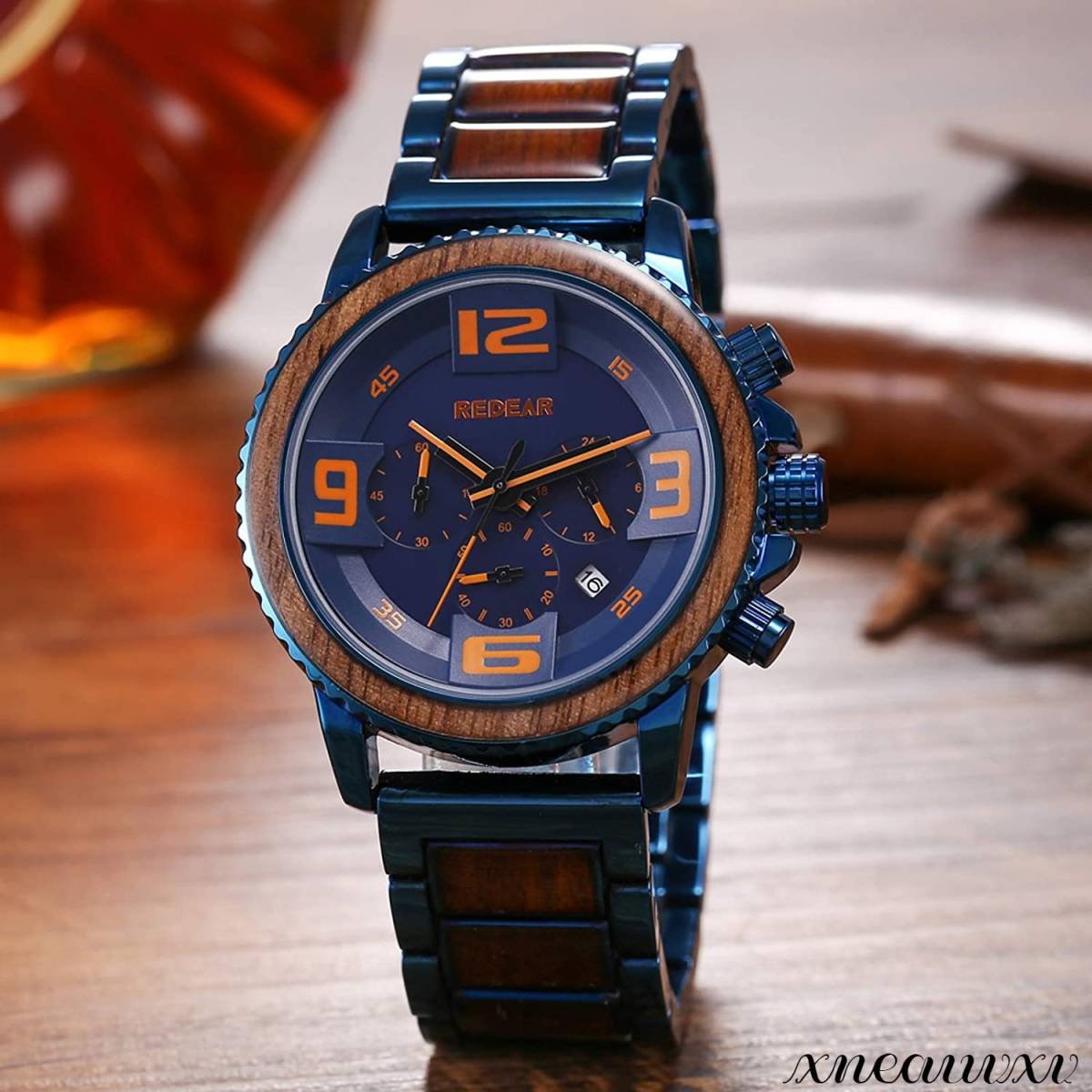 オシャレな 木製腕時計 ブルー 日本製 クオーツ メンズ カレンダー