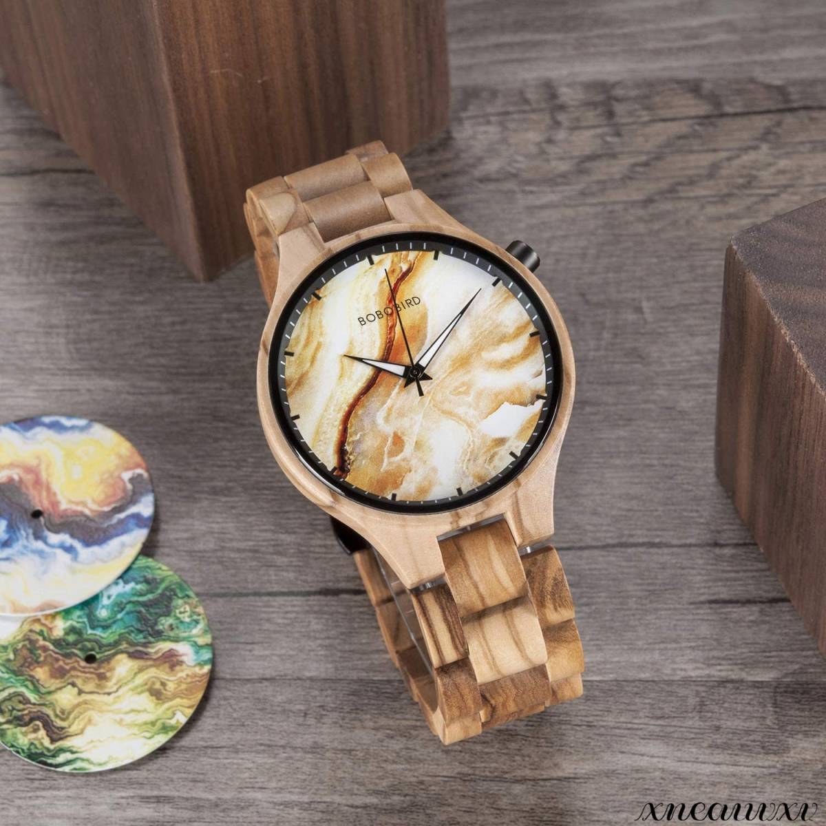 オシャレな文字盤 木製腕時計 日本製 クオーツ マーブルダイヤル メンズ オシャレ 天然木 木製 ウォッチ カジュアル ウッド 男性 腕時計