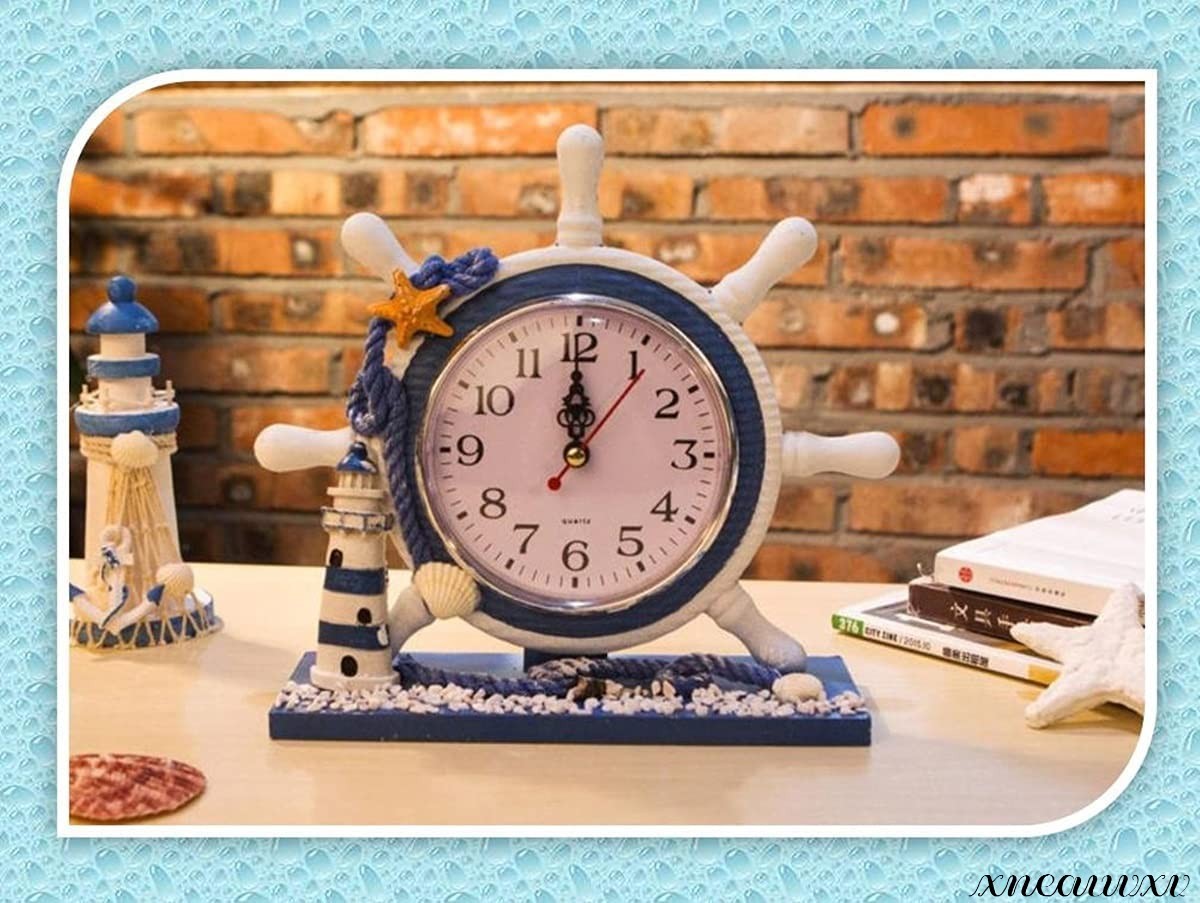 オシャレな舵輪の 置き時計 マリン ブルー 木製 かわいい デザイン 置き オシャレ 雑貨 クラシック 時計 インテリア クロック_画像1
