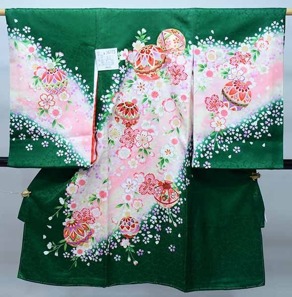 お宮参り 産着 女児 正絹 のしめ 金刺繍 綸子地 豪華絢爛 金駒縫 毬 桜 緑色 新品（株）安田屋 NO36773_画像1