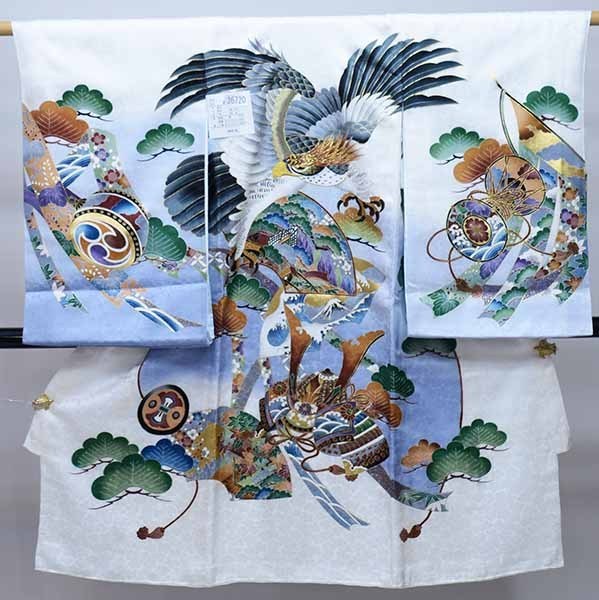 送料無料】 兜 鷹 金刺繍 豪華絢爛 綸子地 着物 正絹 男児 のしめ 産着