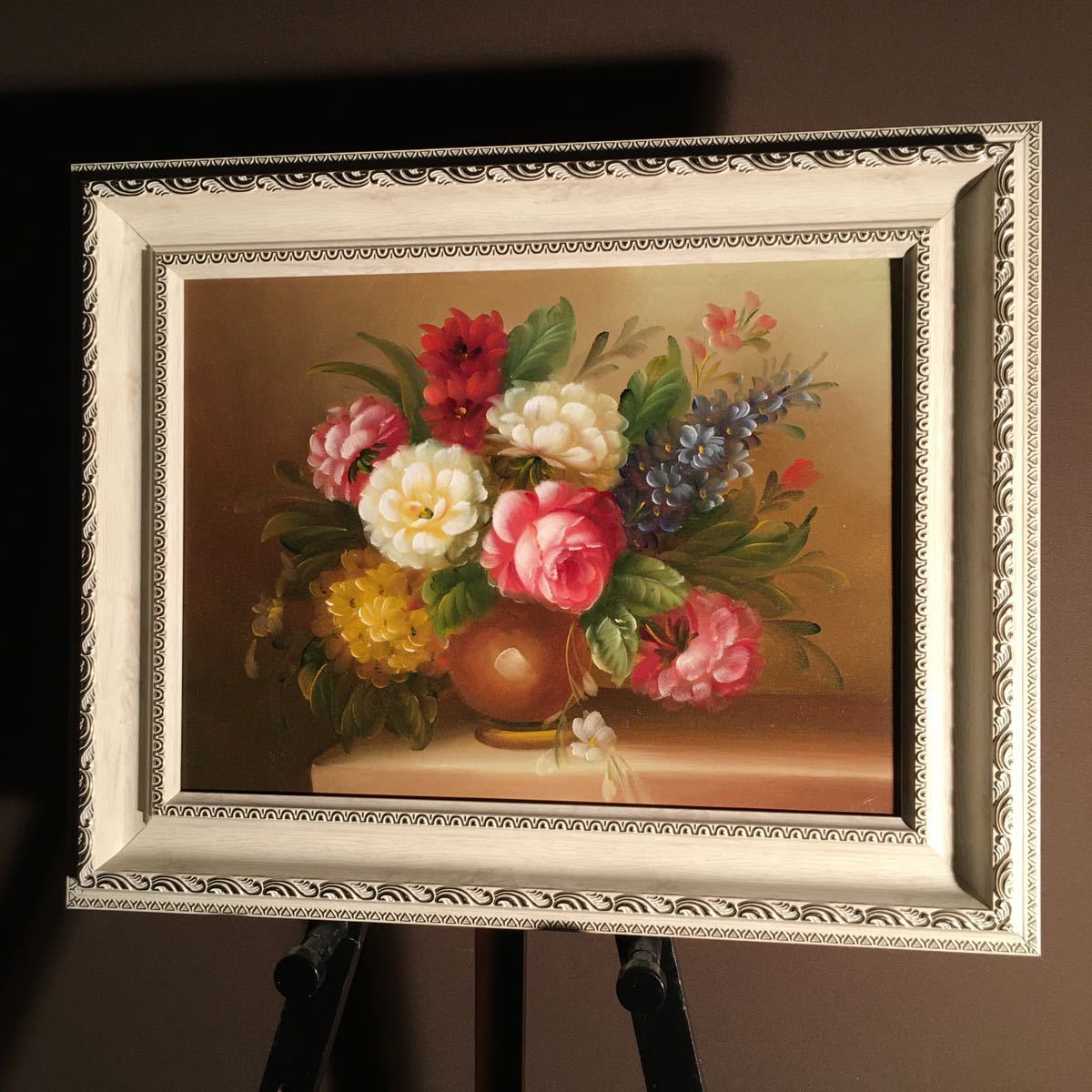 手書き油絵 花瓶の花 額付 絵画 インテリア 油彩画 美術品 手書き油絵 花瓶の花 額付 絵画 インテリア 油彩画 美術品