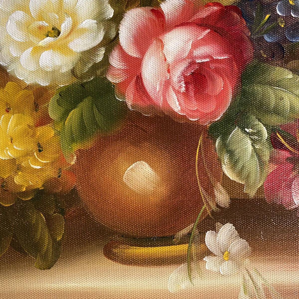 手書き油絵 花瓶の花 額付 絵画 インテリア 油彩画 美術品 手書き油絵 花瓶の花 額付 絵画 インテリア 油彩画 美術品