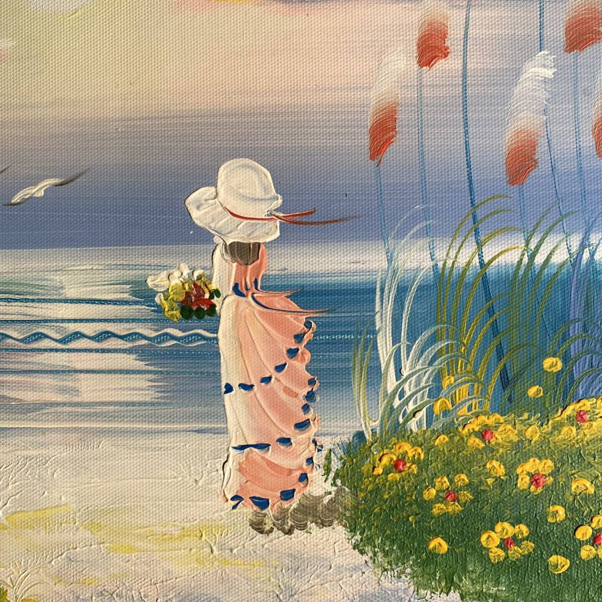 手書き油絵 海を眺める少女 絵画 額付き インテリア 油彩画