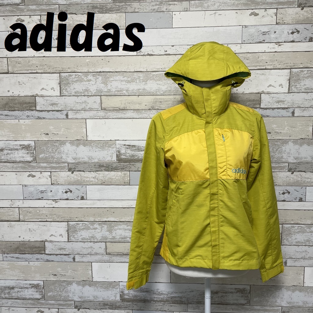 【人気】adidas/アディダス ロゴ刺繍入り ウインドブレーカー ナイロンジャケット フード付き イエロー サイズS レディース/A3977_画像1