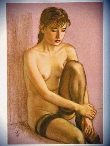 ◆高塚省吾パステル裸体画15オフセット複製・木製額付・即決◆_黒いストッキング