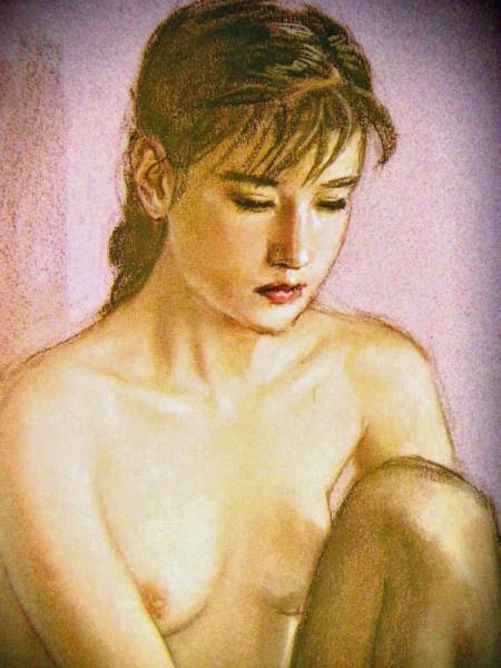 ◆高塚省吾パステル裸体画15オフセット複製・木製額付・即決◆_伏し目