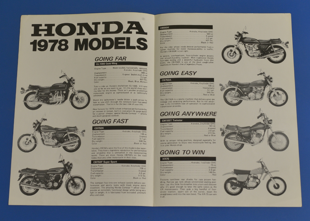 ホンダ　1978年モデル HONDA 1978 MODEL GL1000 CB750K CB750F CB550K CB750A HAWK 輸出仕様英語表記 バイクカタログ【H輸-1975-37】_画像2