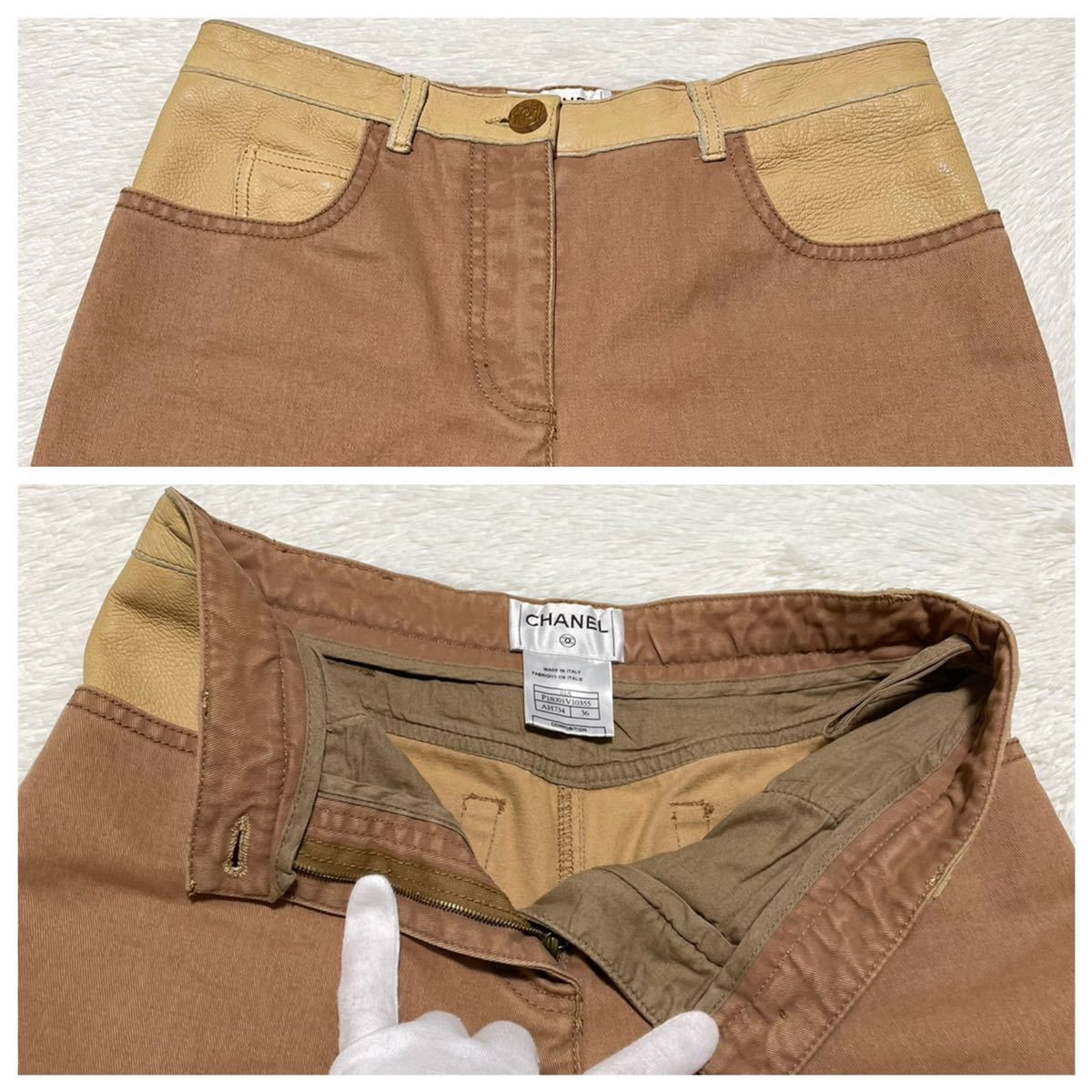 本物 シャネル COCOマーク COCOボタン レザー切替 デニム パンツ 36