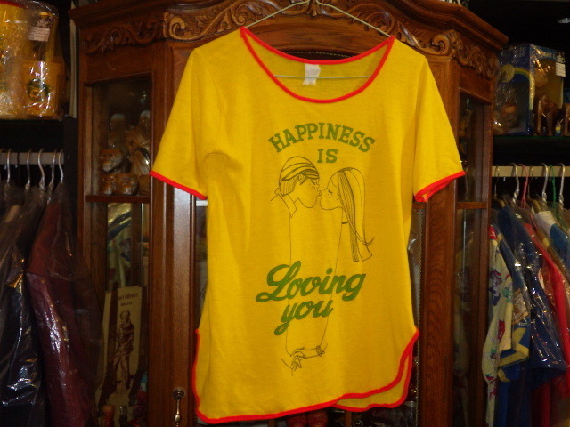 70’S★happiness is loving you★Tシャツ★黄色S★キス★ビンテージ★レトロ★USA古着★POP★ファンシー