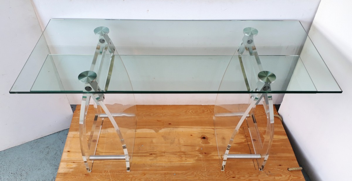 * 87719 glass desk glass table strengthen glass glass thickness 12mm legs acrylic fiber W140 x D60 x H74cm beautiful goods pickup only **