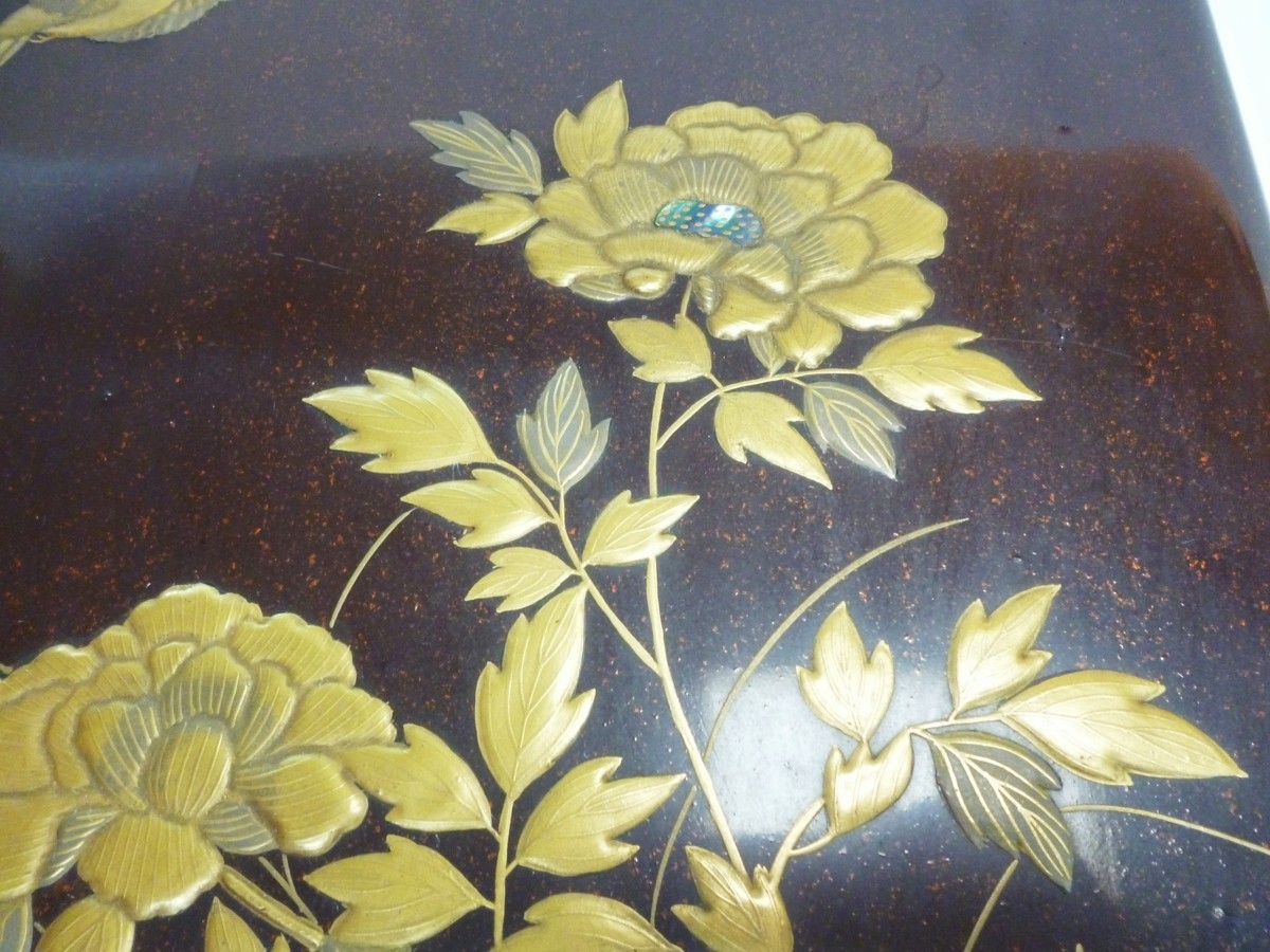 人気激安 文箱 硯箱 83894 牡丹 水差し付 那智黒 硯 螺鈿 高蒔絵 梨地 鳥 硯箱、文箱
