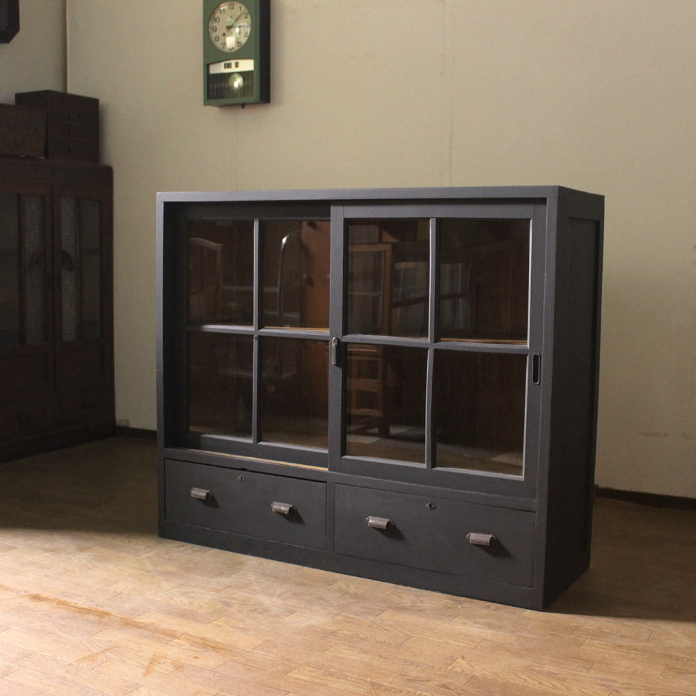 アンティーク レトロ 古い木製ガラス戸棚 食器棚本棚古道具ガラス 