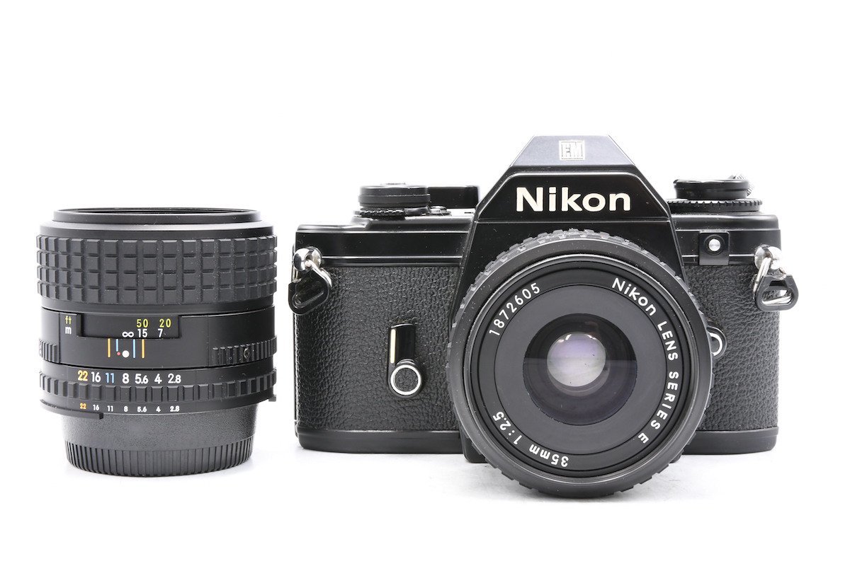 ◇ Nikon ニコン EM + NIKON LENS SERIES E 35mm F2.5 + NIKON LENS SERIES E 100mm F2.8 MF一眼 広角単焦点 中望遠単焦点レンズ セット_画像1