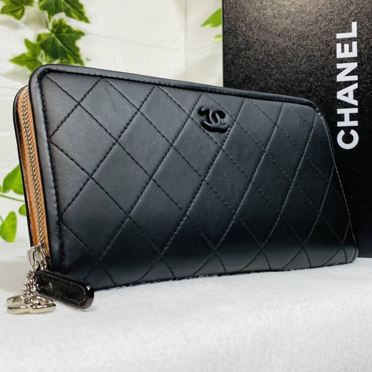 極美品〕CHANEL シャネル マトラッセ レザー ラウンドファスナー 黒 桃