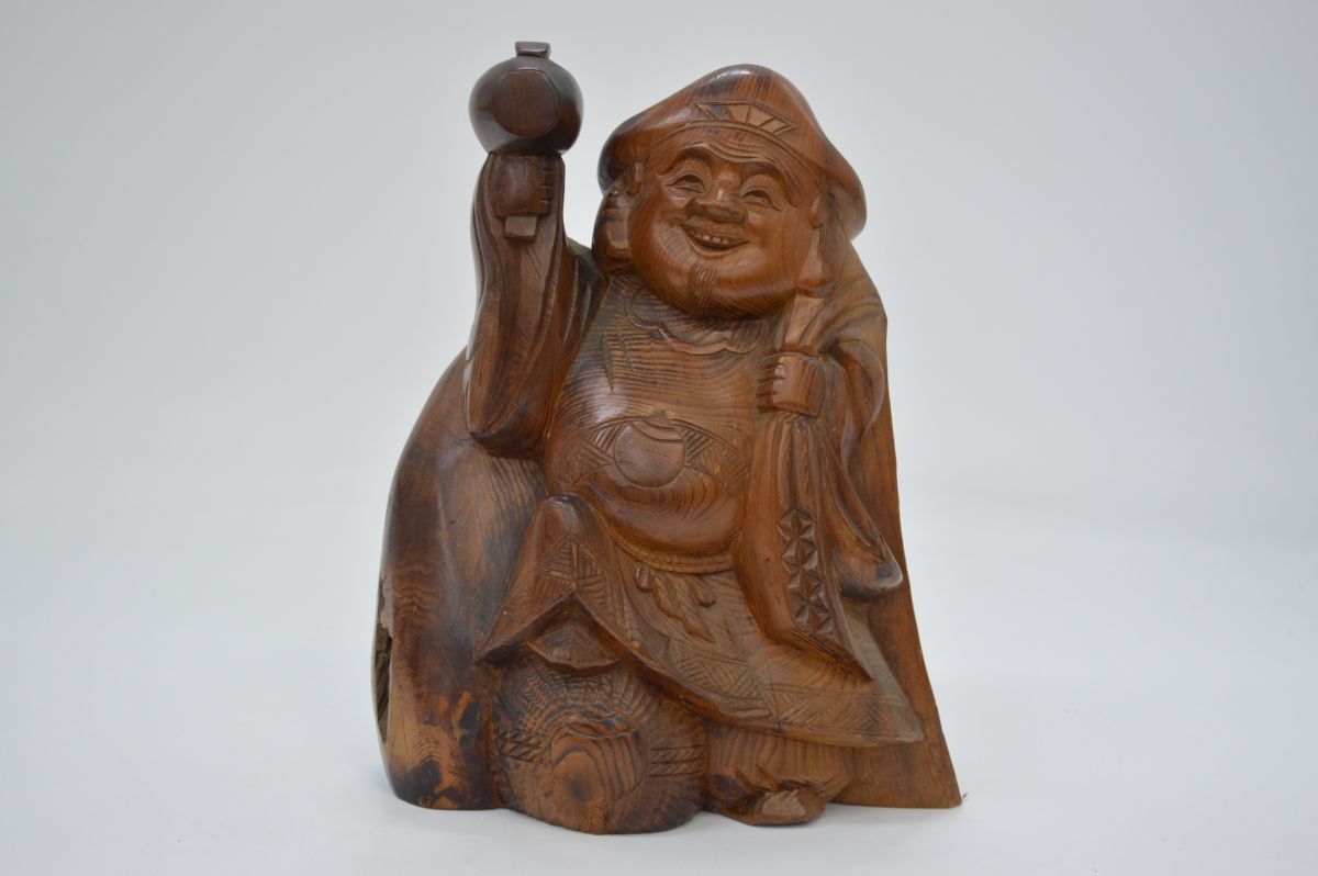 (134M 0220G9) 縁起物 木製 木彫 七福神 恵比寿 28cm 古美術品 仏教美術【経年保管品】