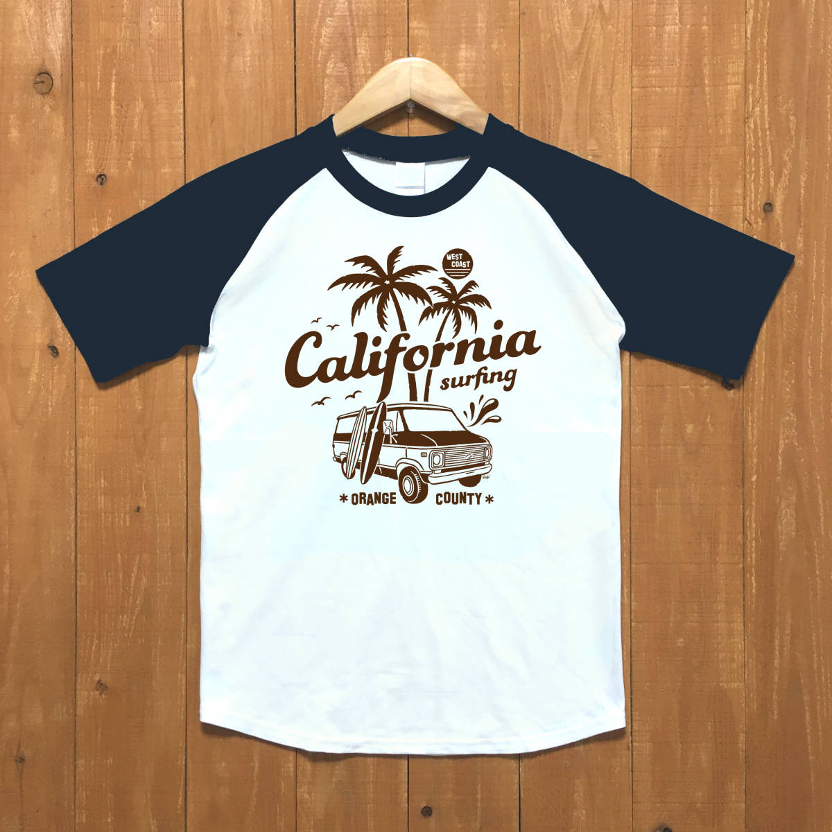 ■ CALIFORNIA ラグランTシャツ■Lサイズ（ネイビー袖xブラウン） アメ車 シボレー　シェビーバン　カリフォルニア　サーフィン_画像1