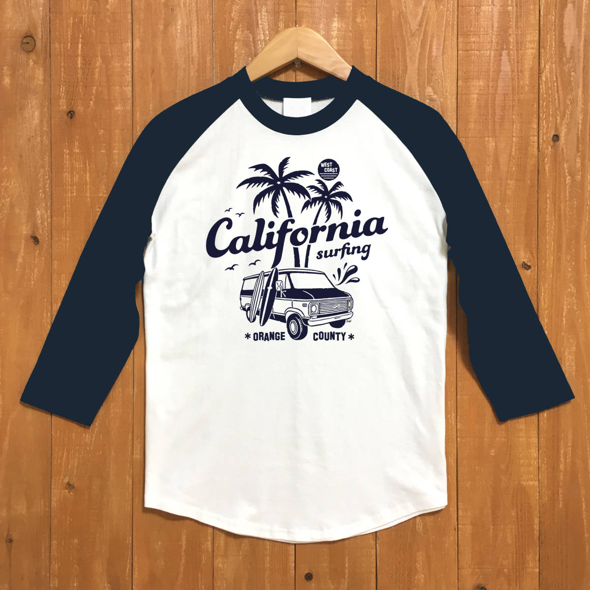 ■CALIFORNIA ベースボ－ルTシャツ■Mサイズ（ネイビー袖xネイビー） アメ車 カリフォルニア　シェビーバン　サーフィン　CHEVY_画像1