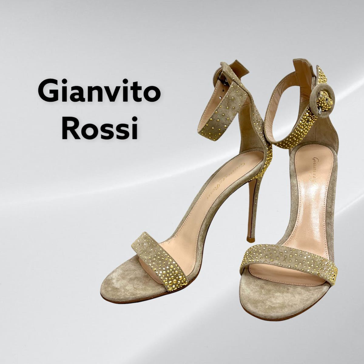 新品未使用 GIANVITO ROSSI ジャンヴィトロッシ ゴールドスタッズ スエードレザー アンクルストラップ付き ヒール サンダル