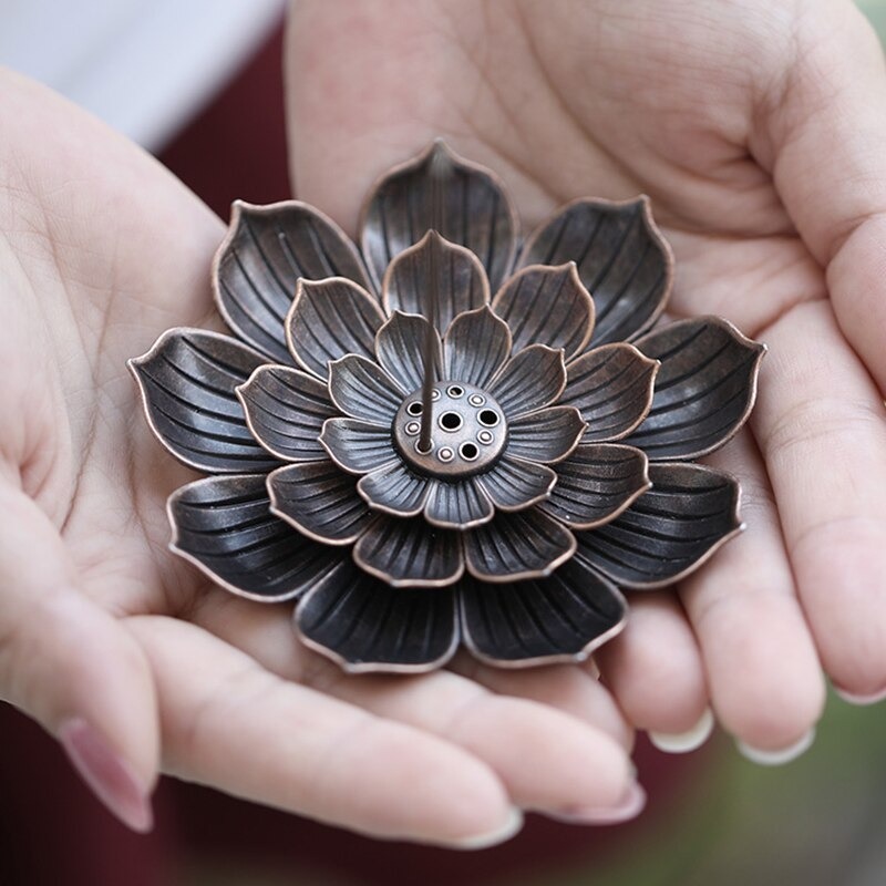 お香立て スティック香ホルダー ホーム 仏教の装飾 コイル 香炉 蓮の花 ブロンズ A1393_画像2