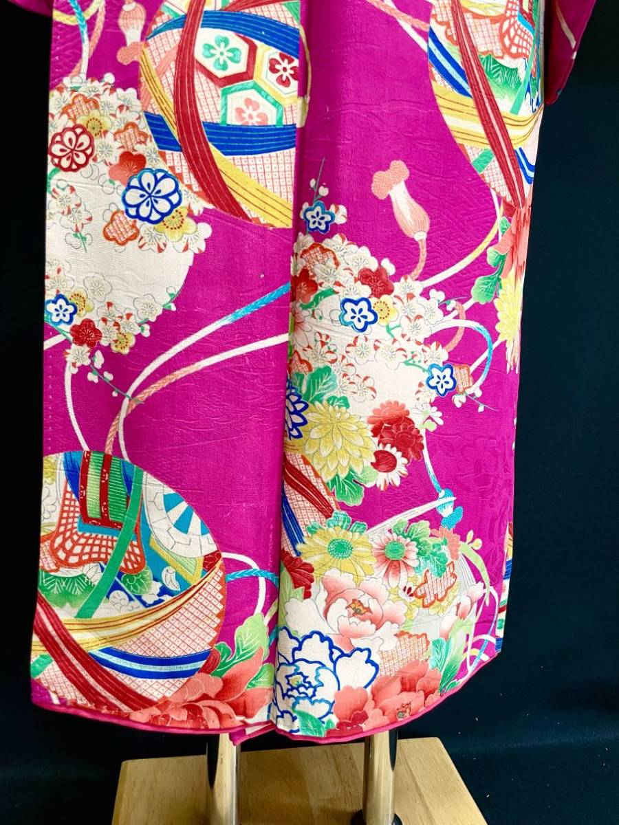 アンティーク着物◇花薬玉 鞠文様 紋綸子 小紋 大正ロマン 身丈 アンティーク着物◇花薬玉 鞠文様 紋綸子 小紋 大正ロマン 身丈