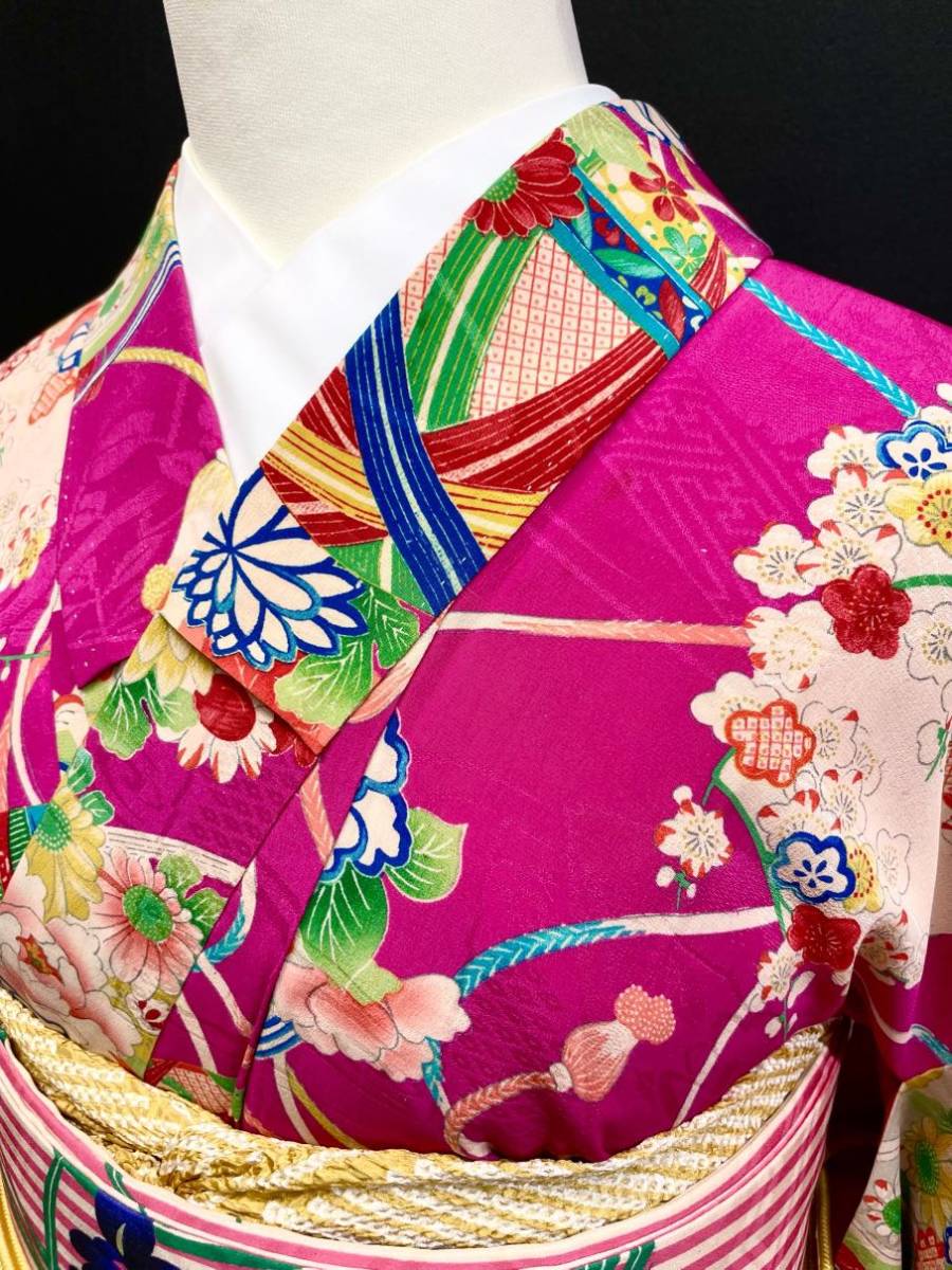 アンティーク着物◇花薬玉 鞠文様 紋綸子 小紋 大正ロマン 身丈 アンティーク着物◇花薬玉 鞠文様 紋綸子 小紋 大正ロマン 身丈