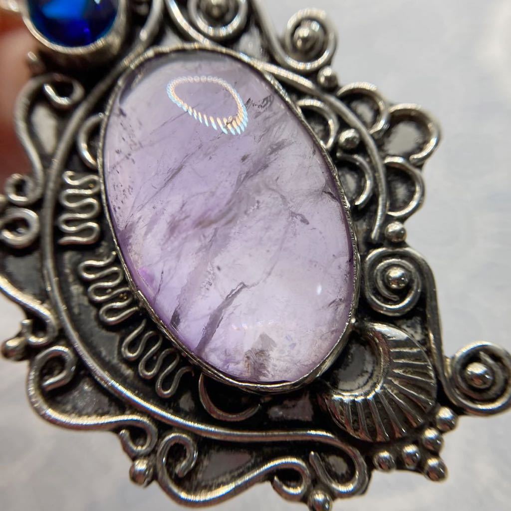  natural stone * amethyst . sapphire. antique style pendant top * lady's necklace silver 925 stamp ethnic accessory Y-RSHOP